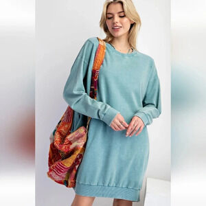 Easel Mineral Washed Cotton Knit Long Sleeve Pullover Dress New